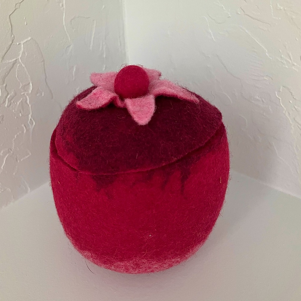 Unique Artisan felt bowl Container flower pink boho hippie eclectic lid floral